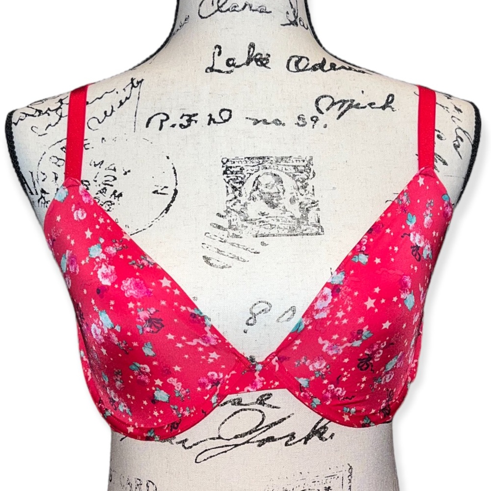 VICTORIA’S SECRET Red Floral Print Unlined Demi Bra Size 34DDD / 34F